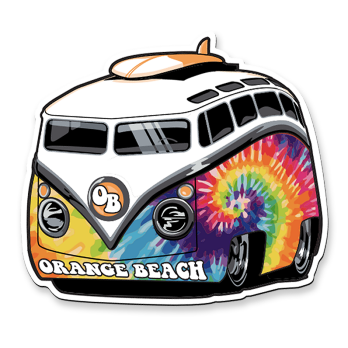 Souvenir vinyl magnet displaying a retro camper van and tie-dye imagery
