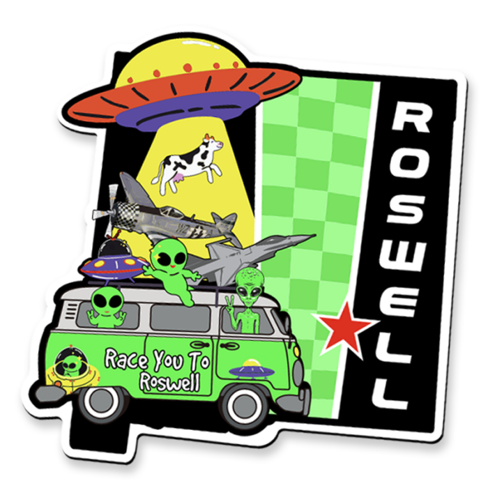 Whimsical attraction vinyl magnet with famous Roswell imagery